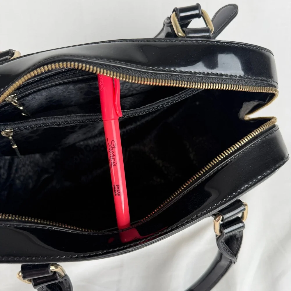 Black Patent Croc Embossed Satchel Handbag Gold Hardware Dual Compartment Bag